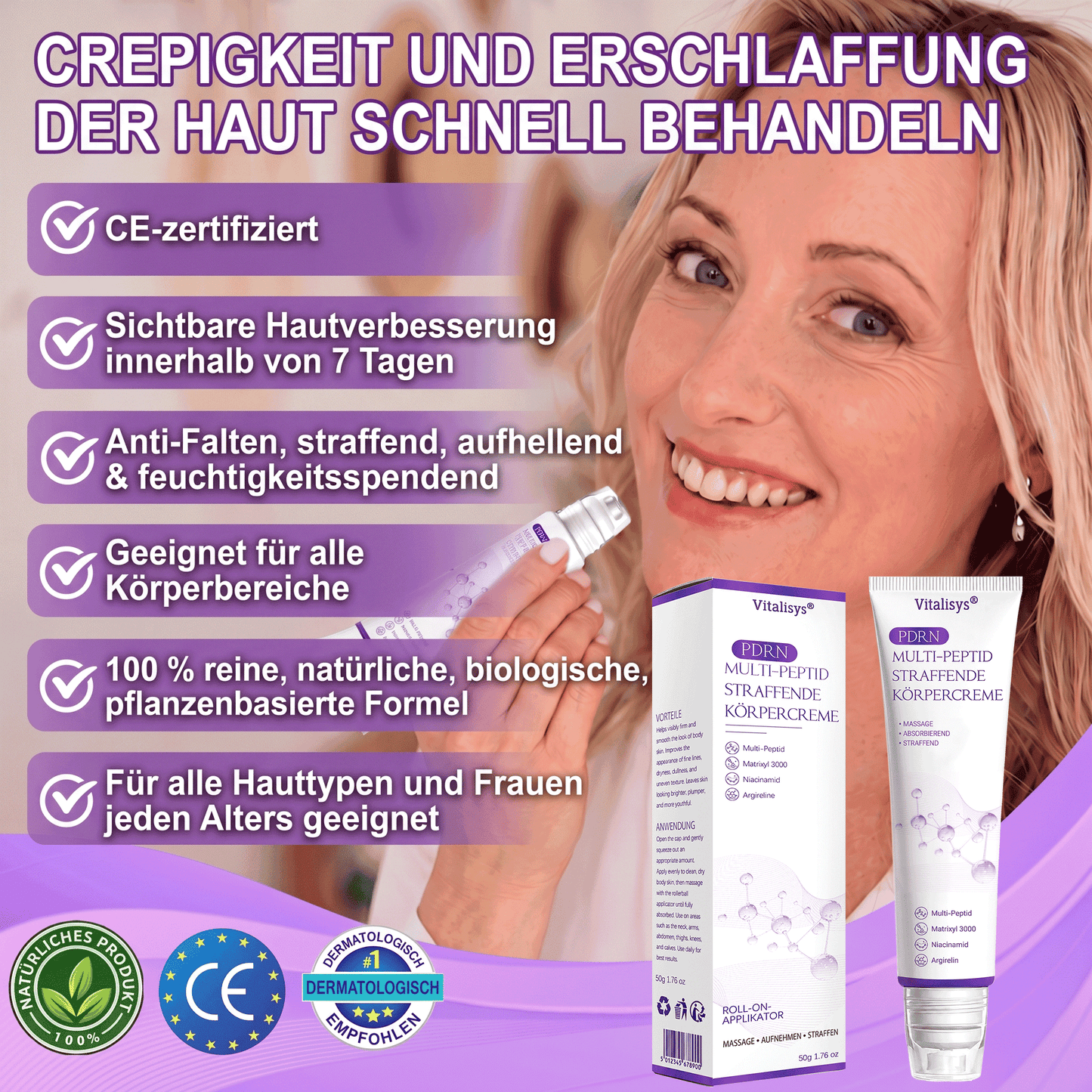 Vitalisys® PDRN 🌥️Multi-Peptid Körpercreme mit Massage-Roller – Feuchtigkeit, Straffung und ein ebenmäßigeres Hautbild.🥼